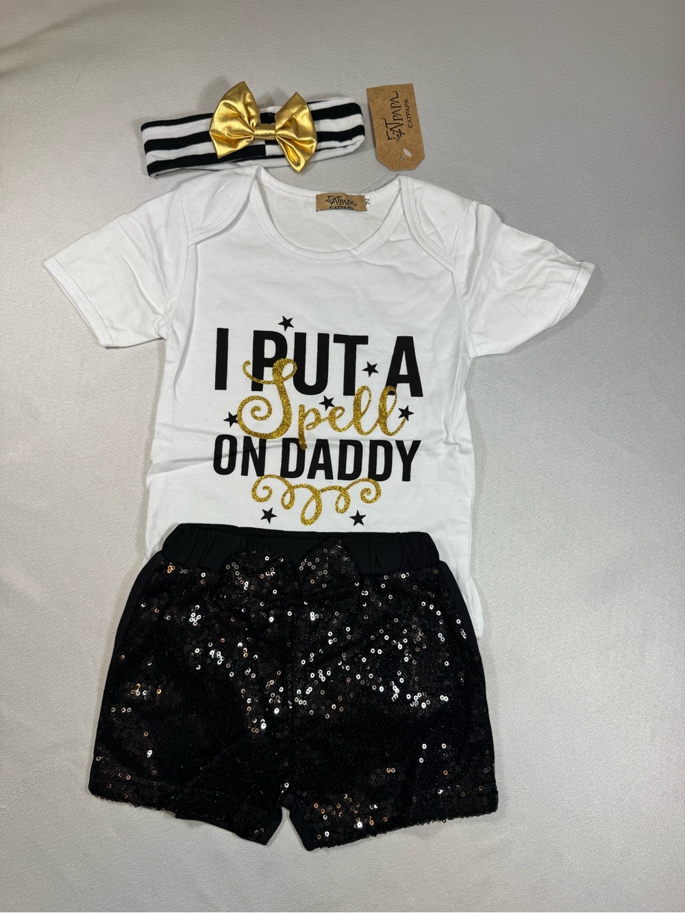 I Put a Spell On Daddy Baby Outfit - White, Black & Gold 6 months